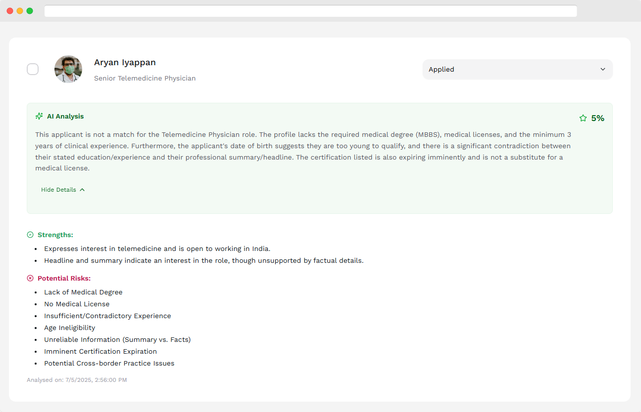 Screenshot of AI Applicant Analysis feature
